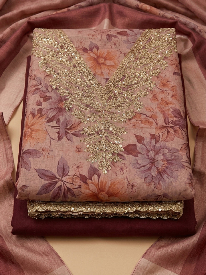 Onion Pink Embroidery Chanderi Unstitched Dress Material