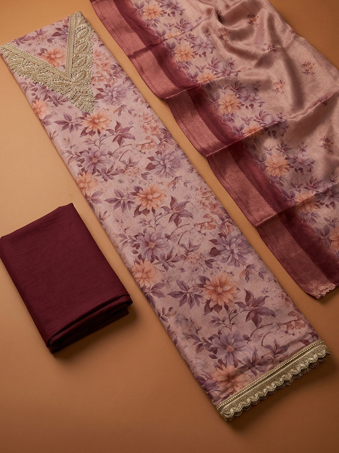 Onion Pink Embroidery Chanderi Unstitched Dress Material