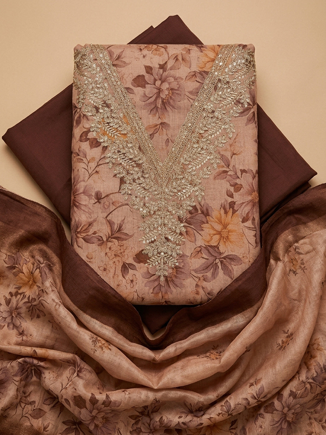 Peach Embroidery Chanderi Unstitched Dress Material