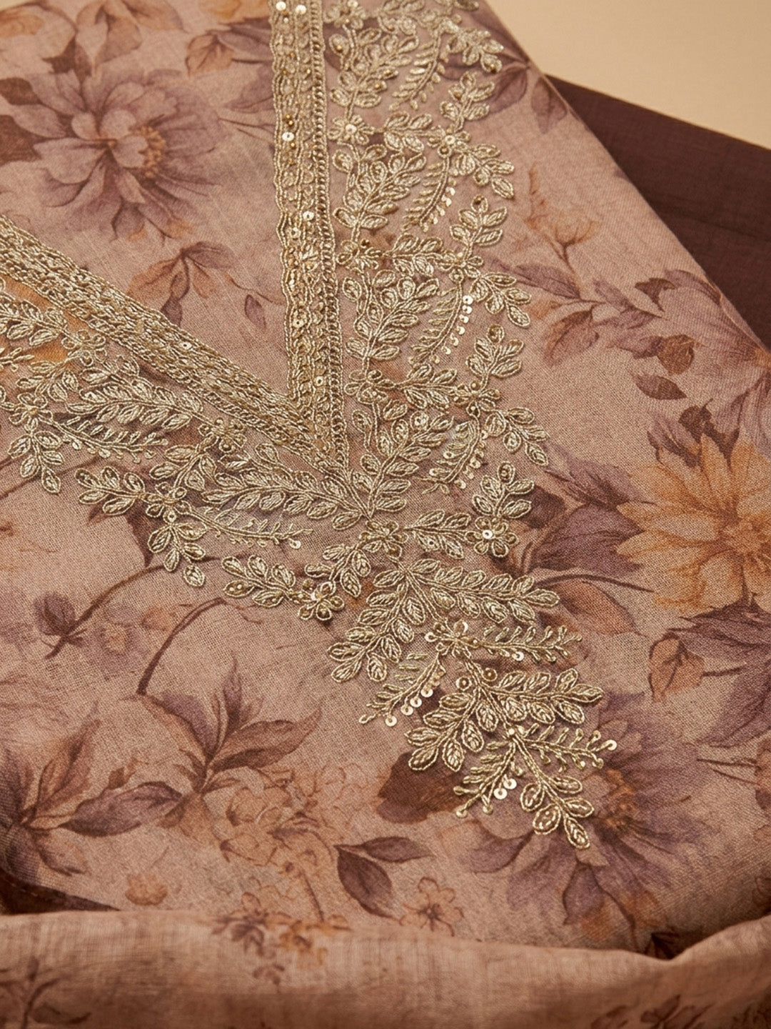 Peach Embroidery Chanderi Unstitched Dress Material