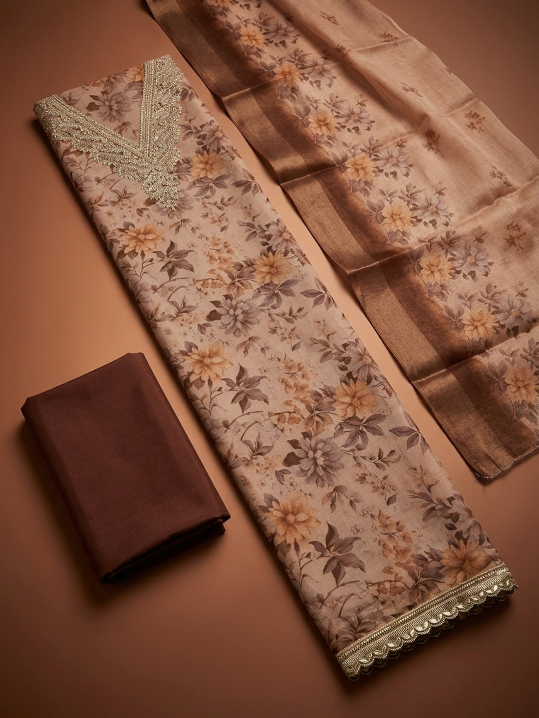 Peach Embroidery Chanderi Unstitched Dress Material