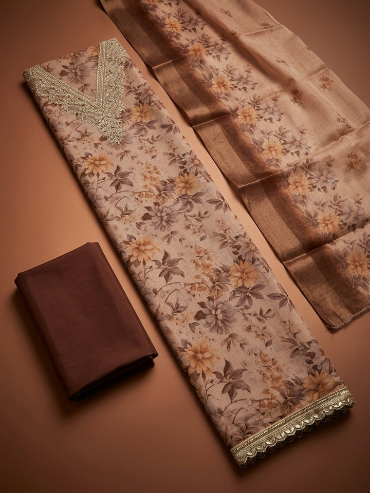 Peach Embroidery Chanderi Unstitched Dress Material