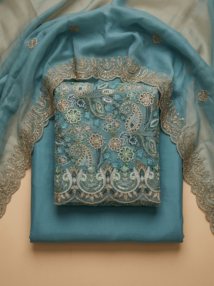 Blue Embroidery Chanderi Unstitched Dress Material