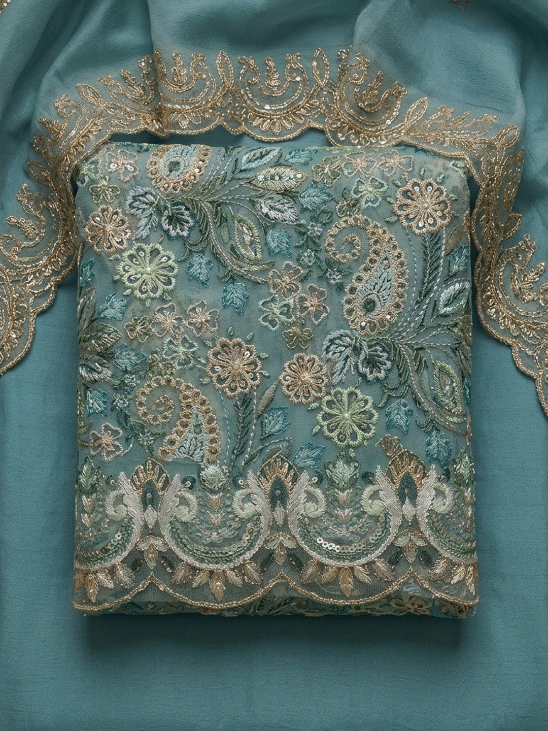 Blue Embroidery Chanderi Unstitched Dress Material