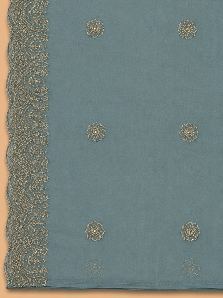 Blue Embroidery Chanderi Unstitched Dress Material