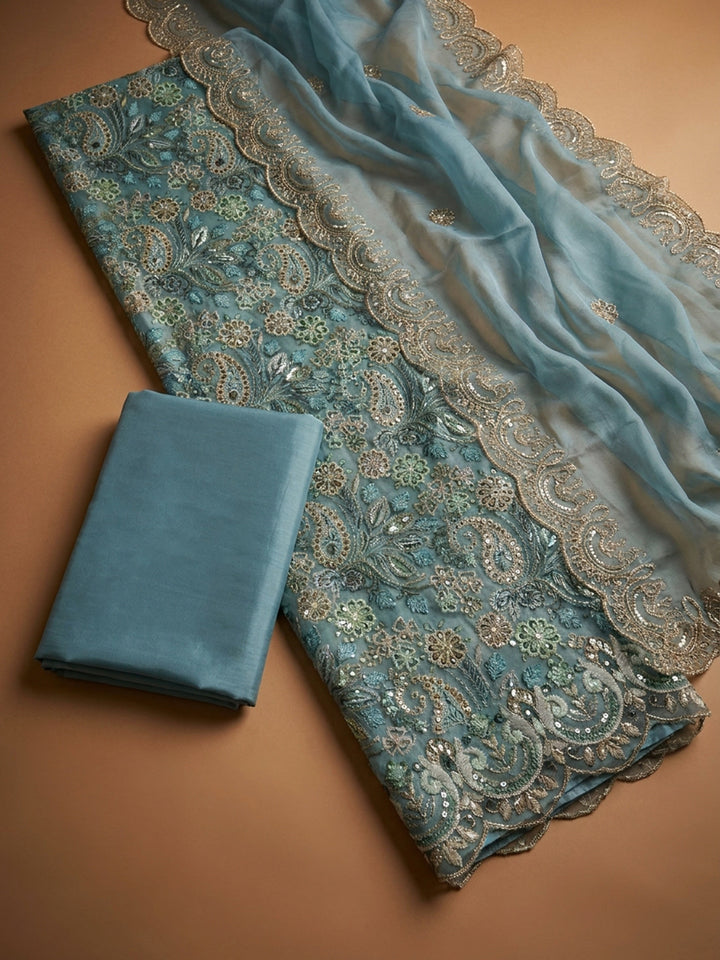 Blue Embroidery Chanderi Unstitched Dress Material