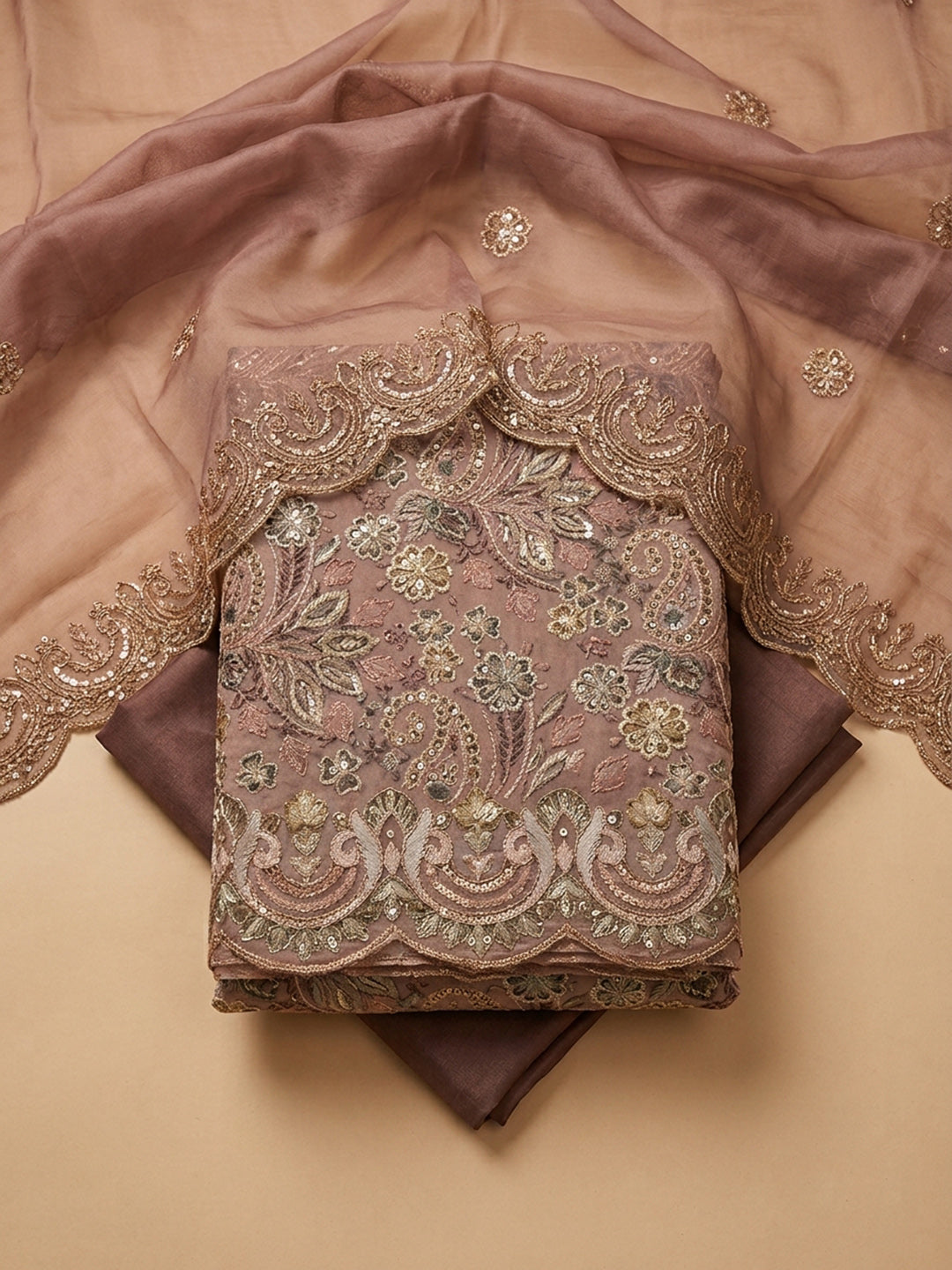 Brown Embroidery Chanderi Unstitched Dress Material
