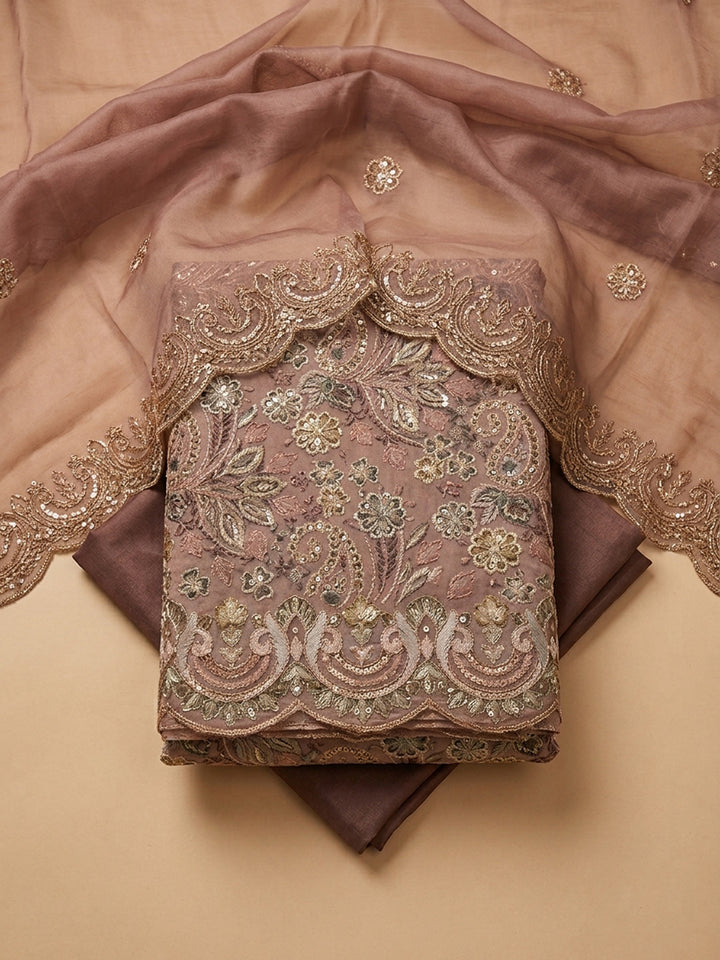 Brown Embroidery Chanderi Unstitched Dress Material