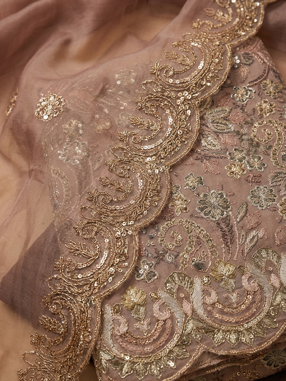 Brown Embroidery Chanderi Unstitched Dress Material