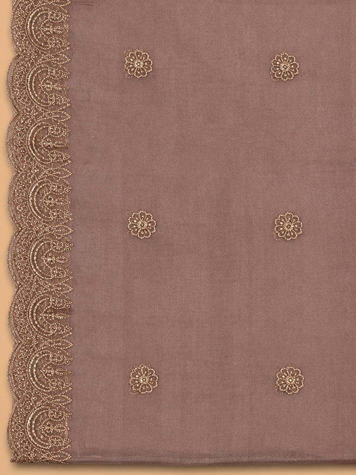 Brown Embroidery Chanderi Unstitched Dress Material