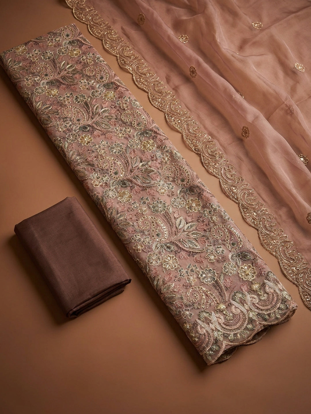 Brown Embroidery Chanderi Unstitched Dress Material
