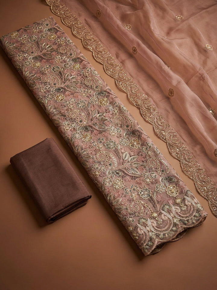 Brown Embroidery Chanderi Unstitched Dress Material