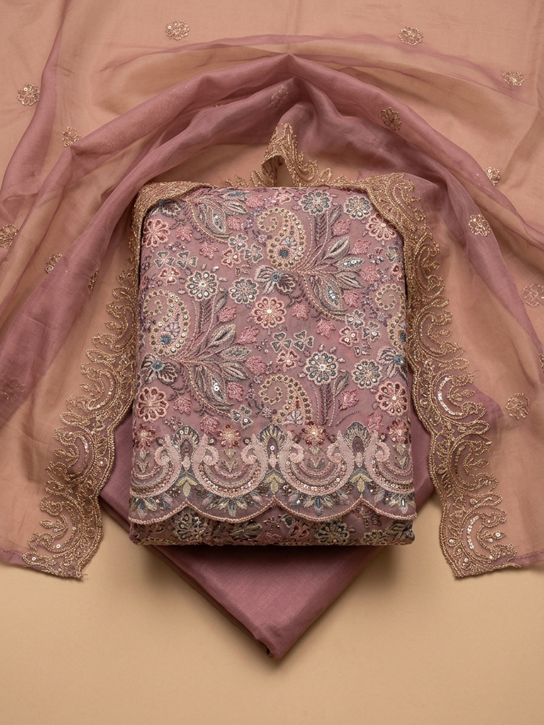 Onion Pink Embroidery Chanderi Unstitched Dress Material