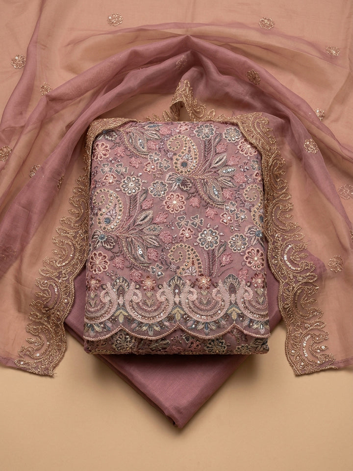 Onion Pink Embroidery Chanderi Unstitched Dress Material
