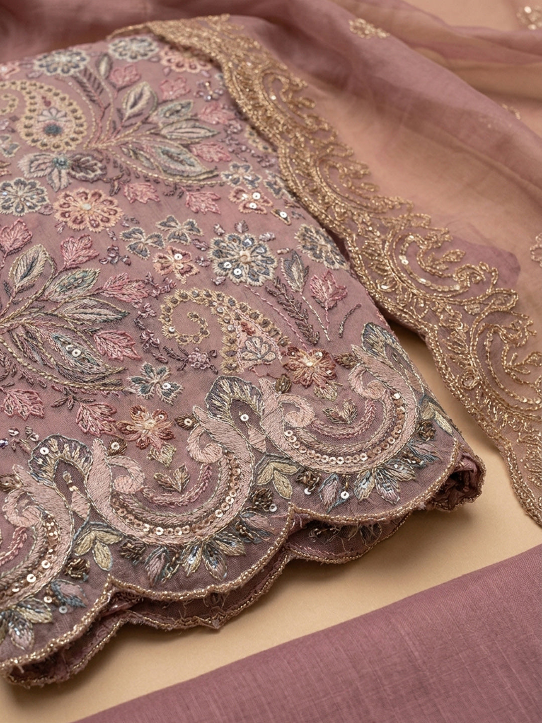 Onion Pink Embroidery Chanderi Unstitched Dress Material