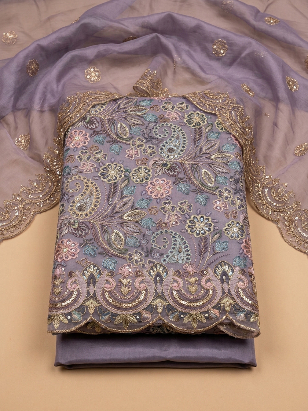 Purple Embroidery Chanderi Unstitched Dress Material