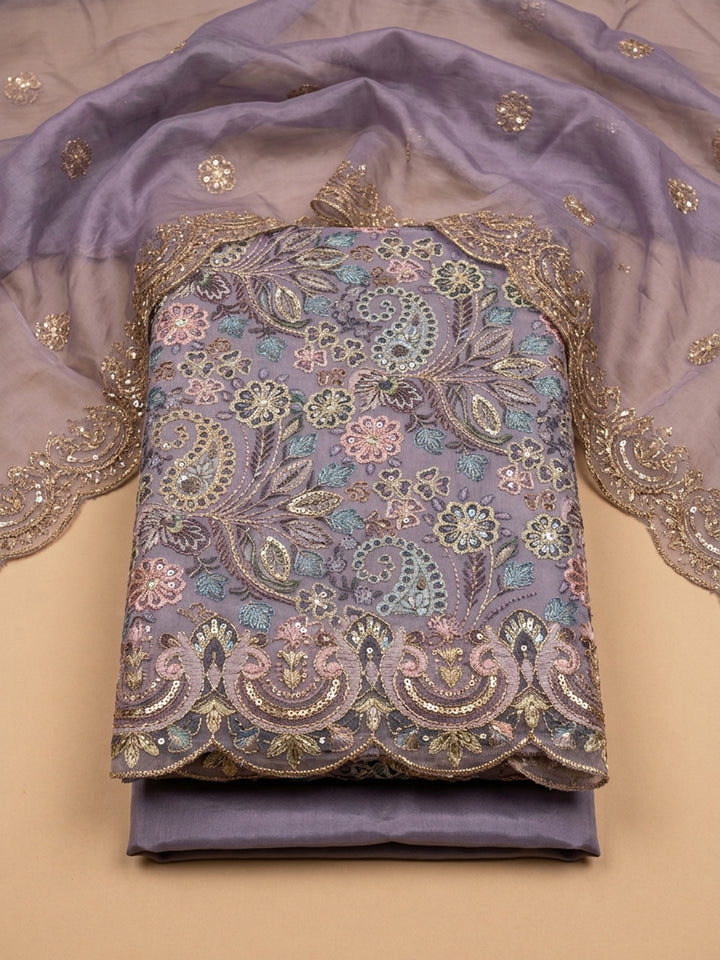 Purple Embroidery Chanderi Unstitched Dress Material