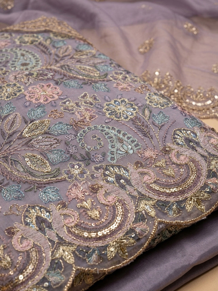 Purple Embroidery Chanderi Unstitched Dress Material