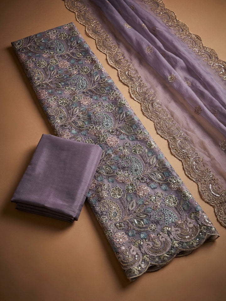 Purple Embroidery Chanderi Unstitched Dress Material