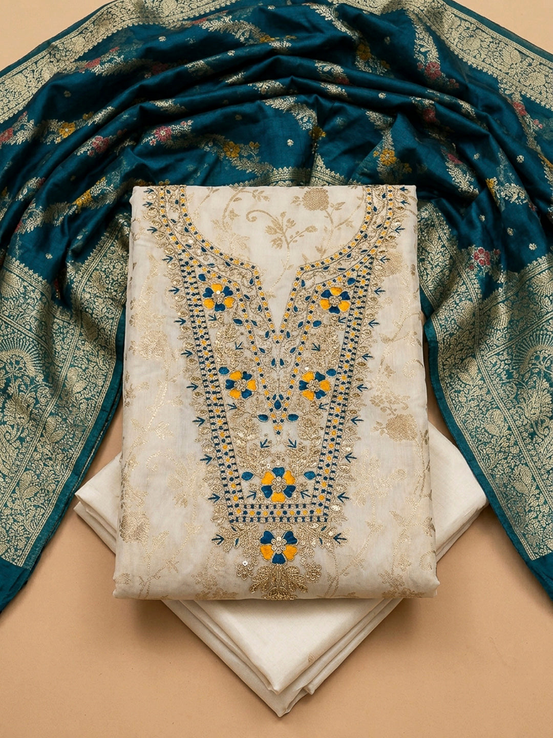 Cream-Blue Embroidery Chanderi Unstitched Dress Material