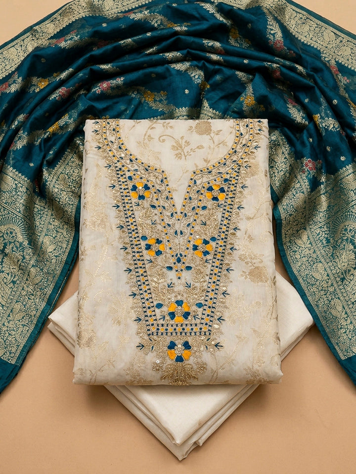 Cream-Blue Embroidery Chanderi Unstitched Dress Material