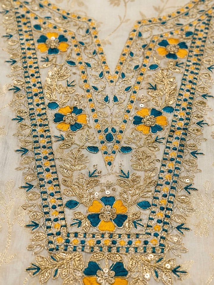 Cream-Blue Embroidery Chanderi Unstitched Dress Material