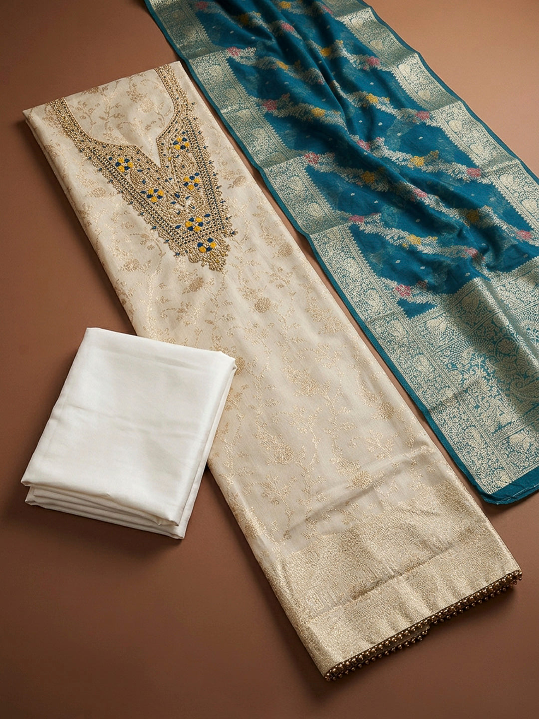 Cream-Blue Embroidery Chanderi Unstitched Dress Material