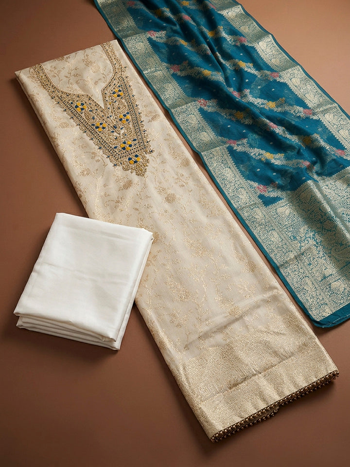Cream-Blue Embroidery Chanderi Unstitched Dress Material