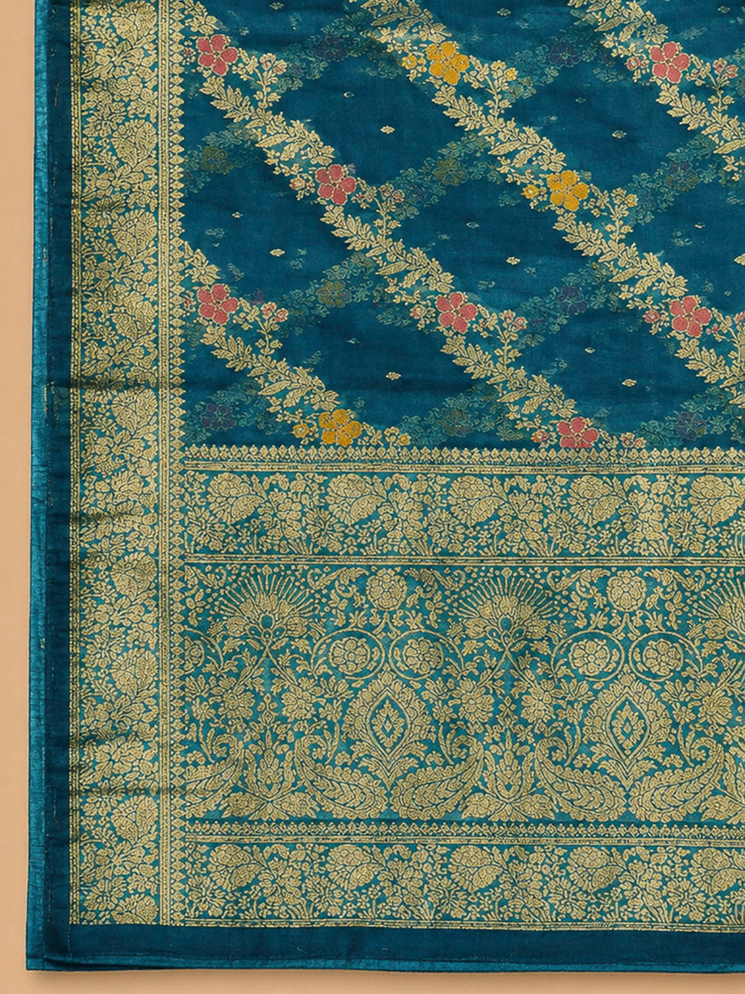 Cream-Blue Embroidery Chanderi Unstitched Dress Material