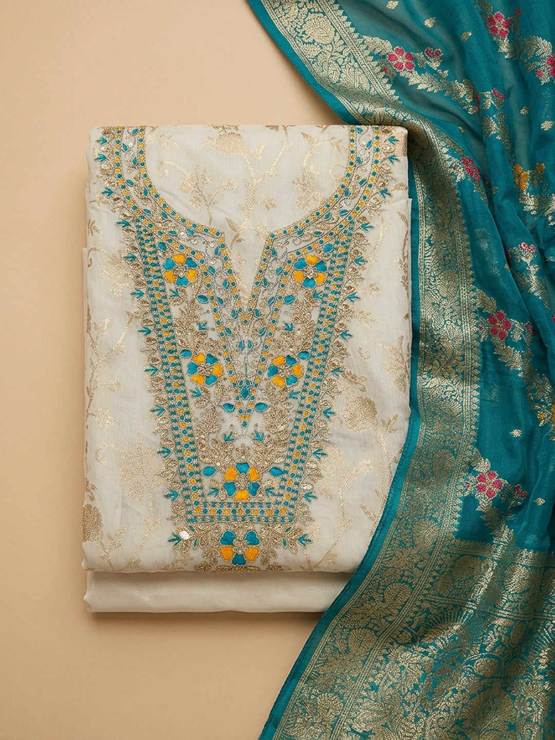 Cream-Firozee Embroidery Chanderi Unstitched Dress Material