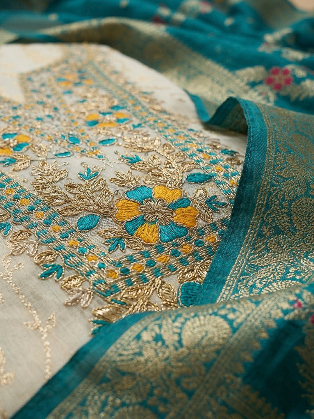 Cream-Firozee Embroidery Chanderi Unstitched Dress Material
