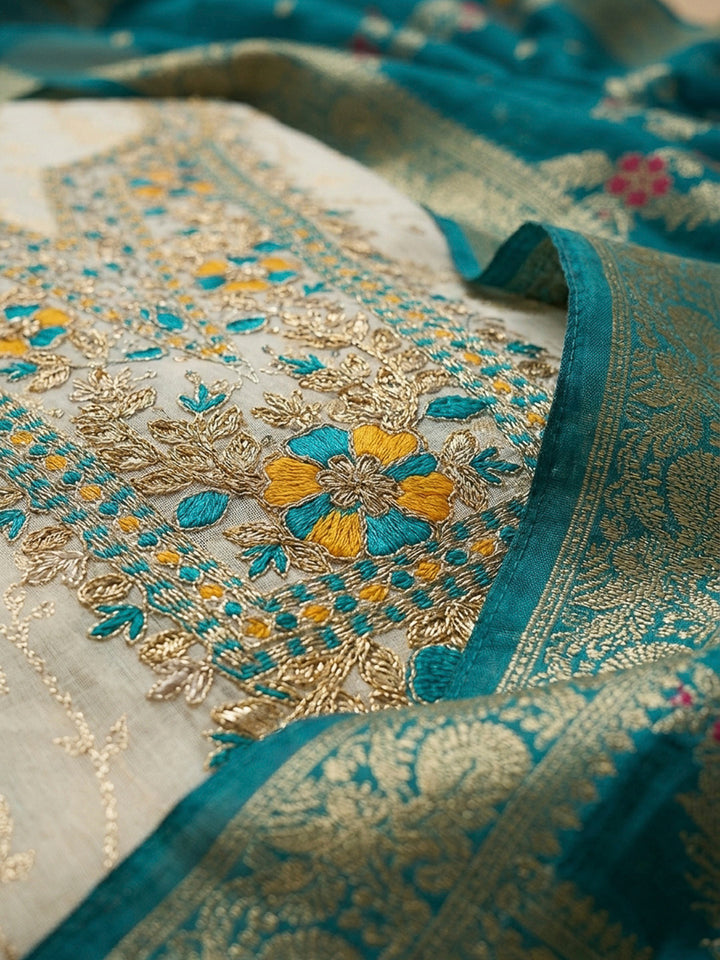 Cream-Firozee Embroidery Chanderi Unstitched Dress Material