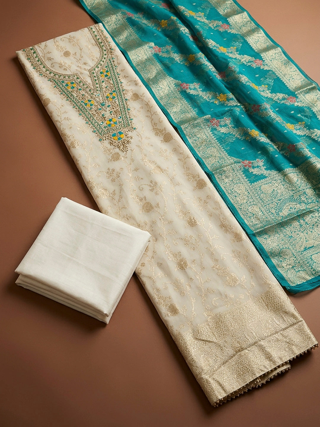 Cream-Firozee Embroidery Chanderi Unstitched Dress Material