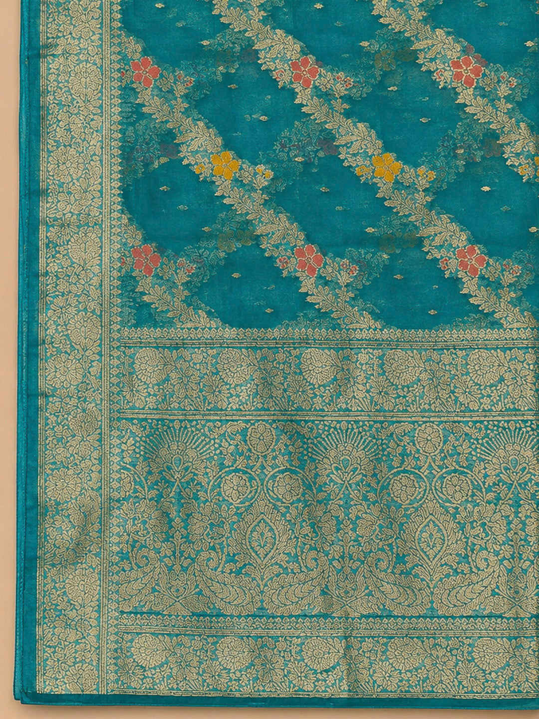 Cream-Firozee Embroidery Chanderi Unstitched Dress Material