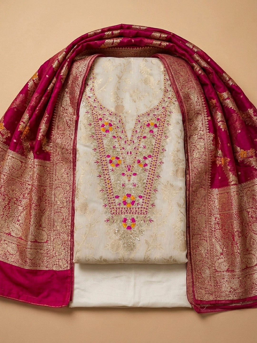 Cream-Pink Embroidery Chanderi Unstitched Dress Material