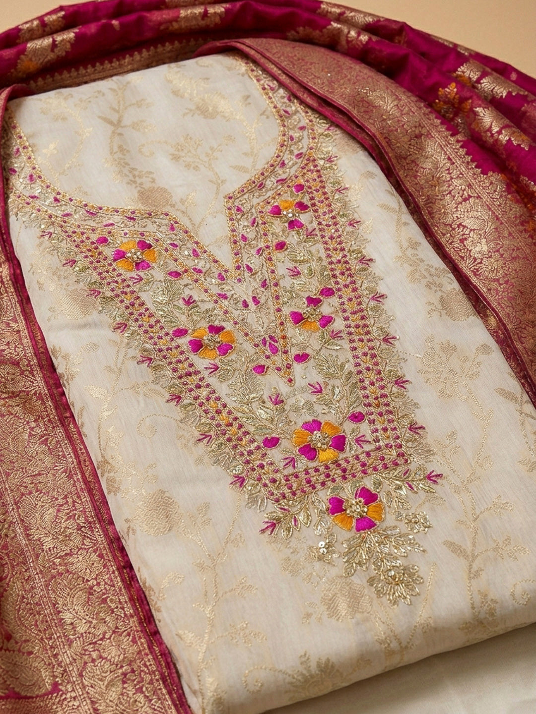 Cream-Pink Embroidery Chanderi Unstitched Dress Material