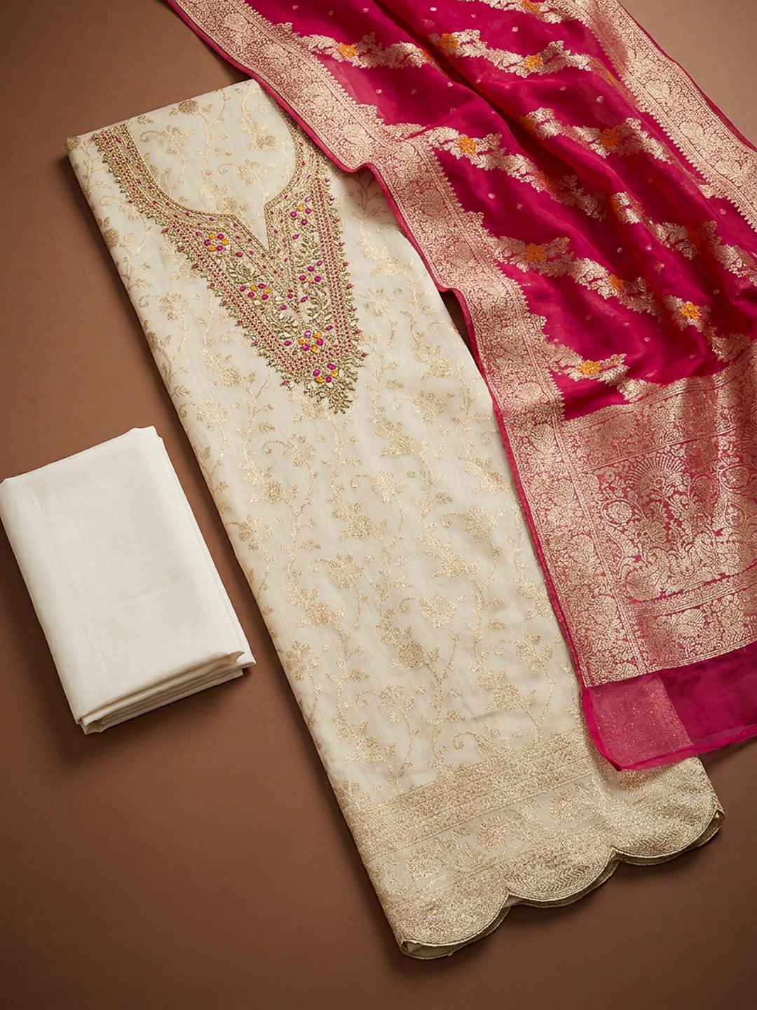 Cream-Pink Embroidery Chanderi Unstitched Dress Material