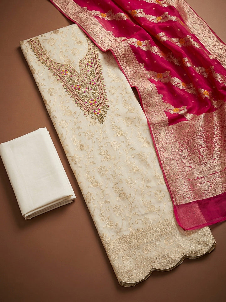 Cream-Pink Embroidery Chanderi Unstitched Dress Material