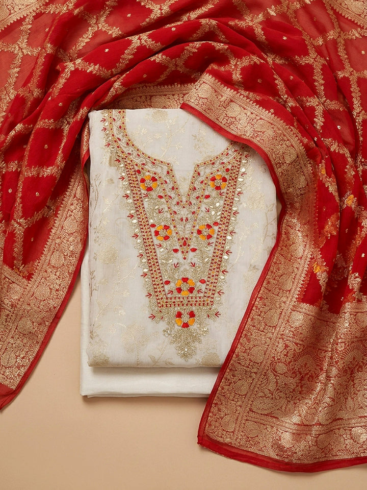 Cream-Red Embroidery Chanderi Unstitched Dress Material