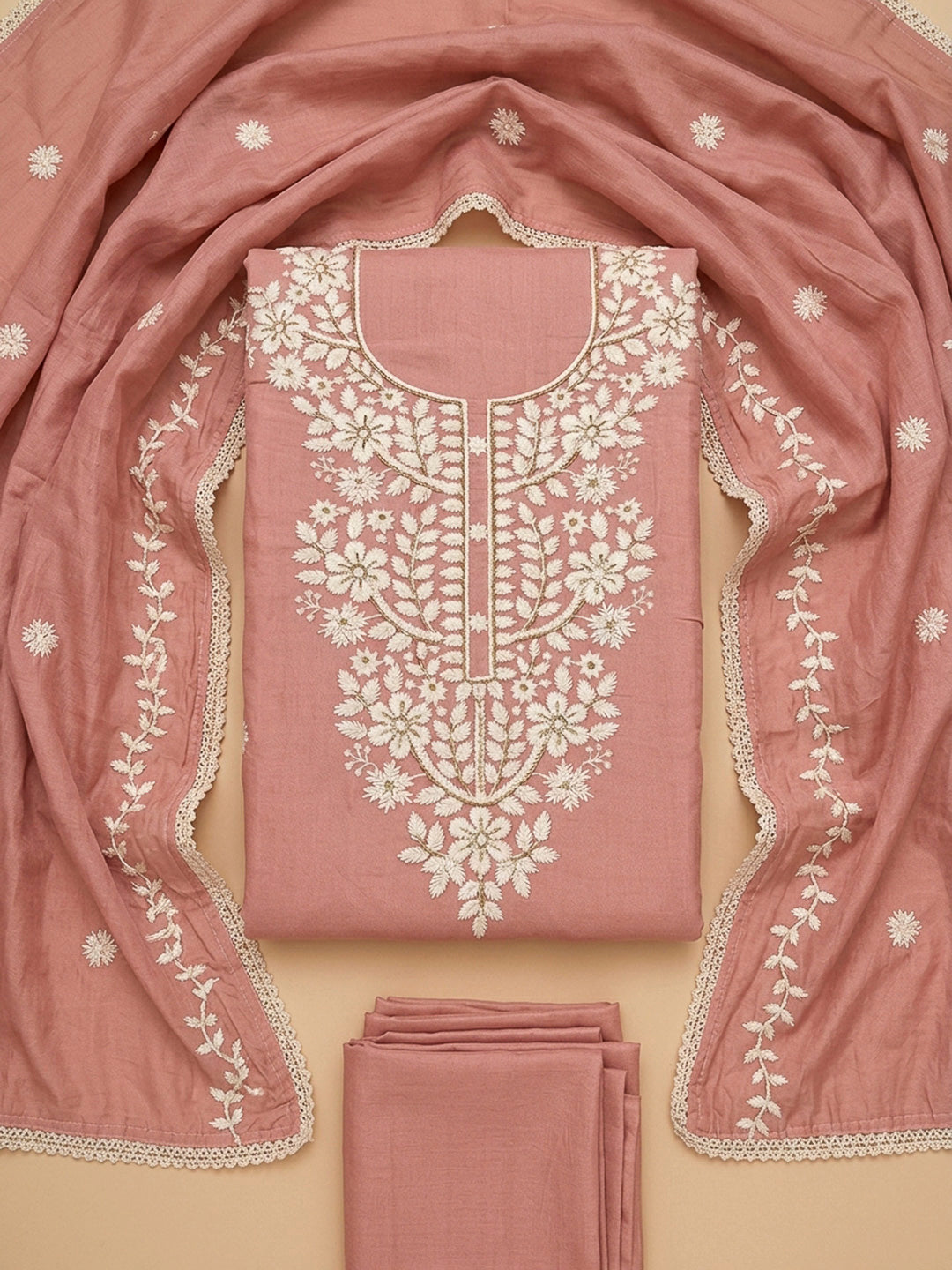 Peach Embroidery Chanderi Unstitched Dress Material