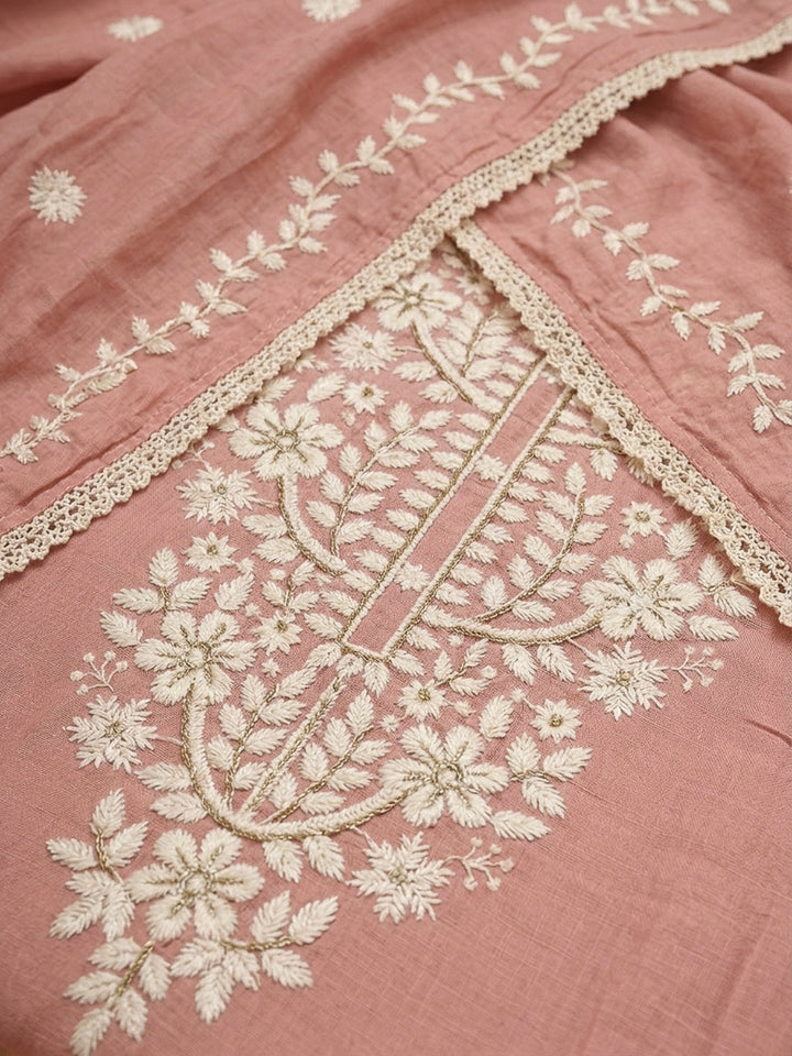 Peach Embroidery Chanderi Unstitched Dress Material