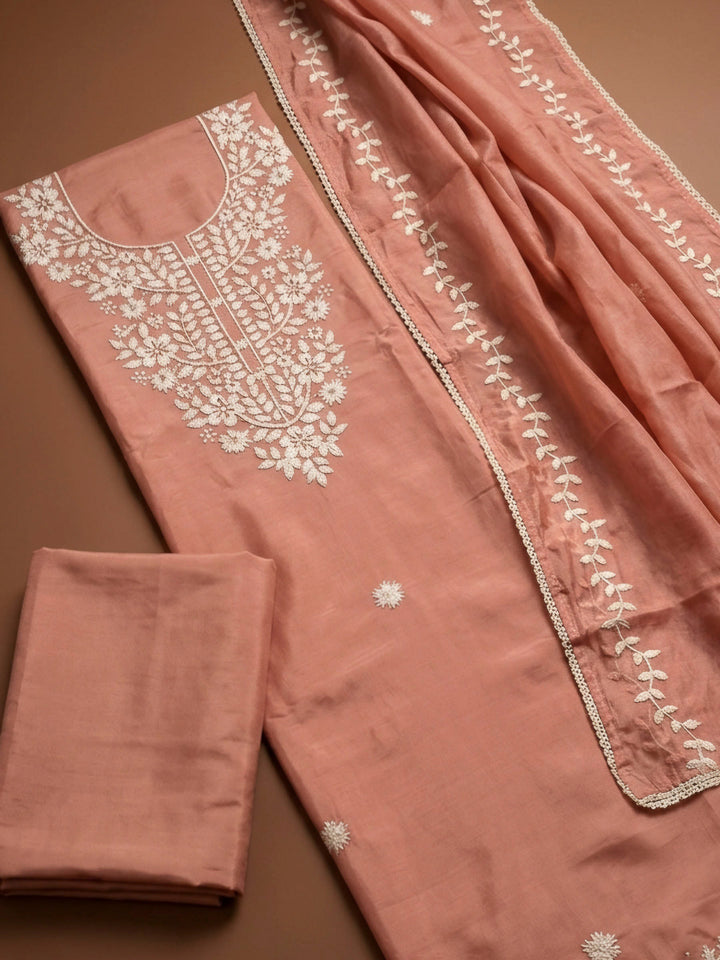 Peach Embroidery Chanderi Unstitched Dress Material