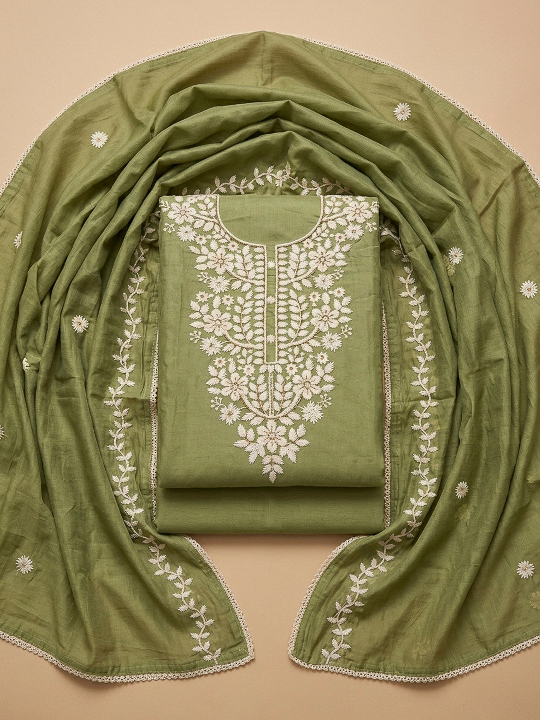 Pista Green Embroidery Chanderi Unstitched Dress Material