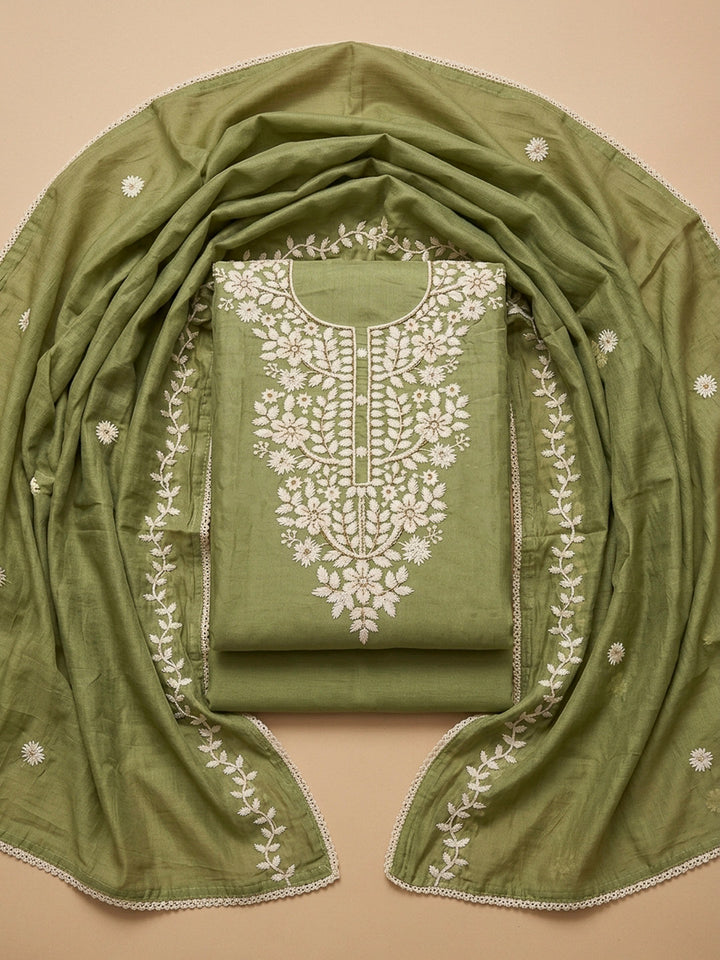 Pista Green Embroidery Chanderi Unstitched Dress Material