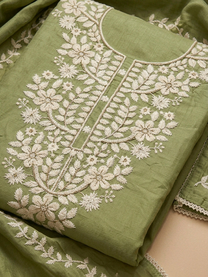Pista Green Embroidery Chanderi Unstitched Dress Material
