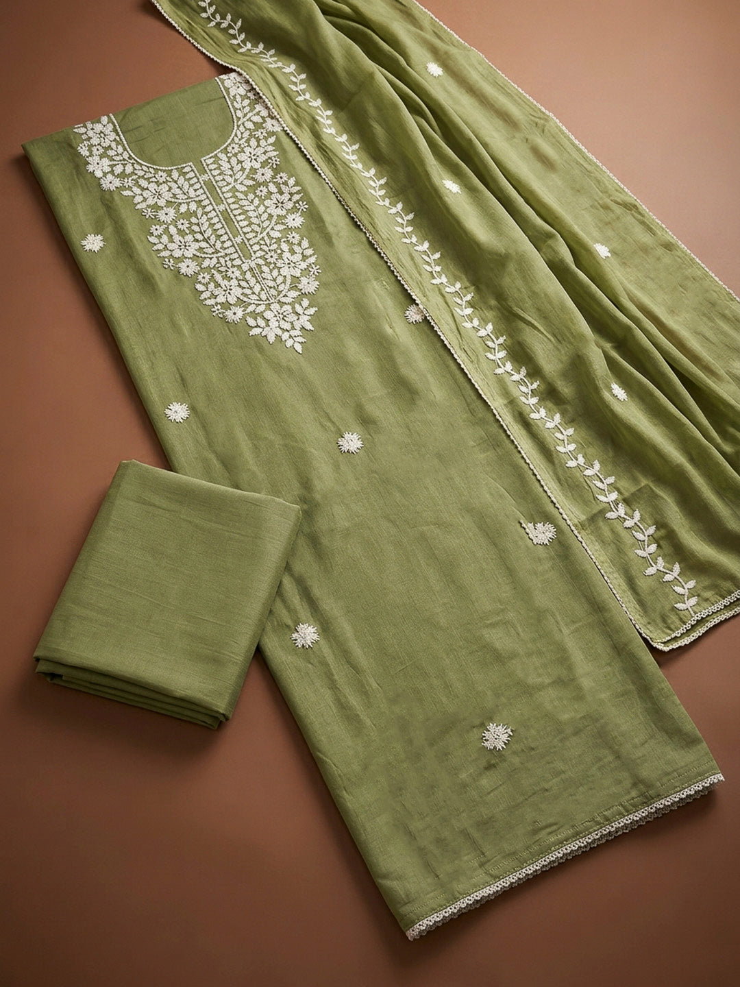 Pista Green Embroidery Chanderi Unstitched Dress Material