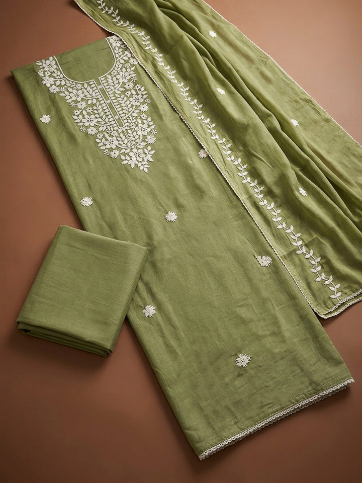 Pista Green Embroidery Chanderi Unstitched Dress Material