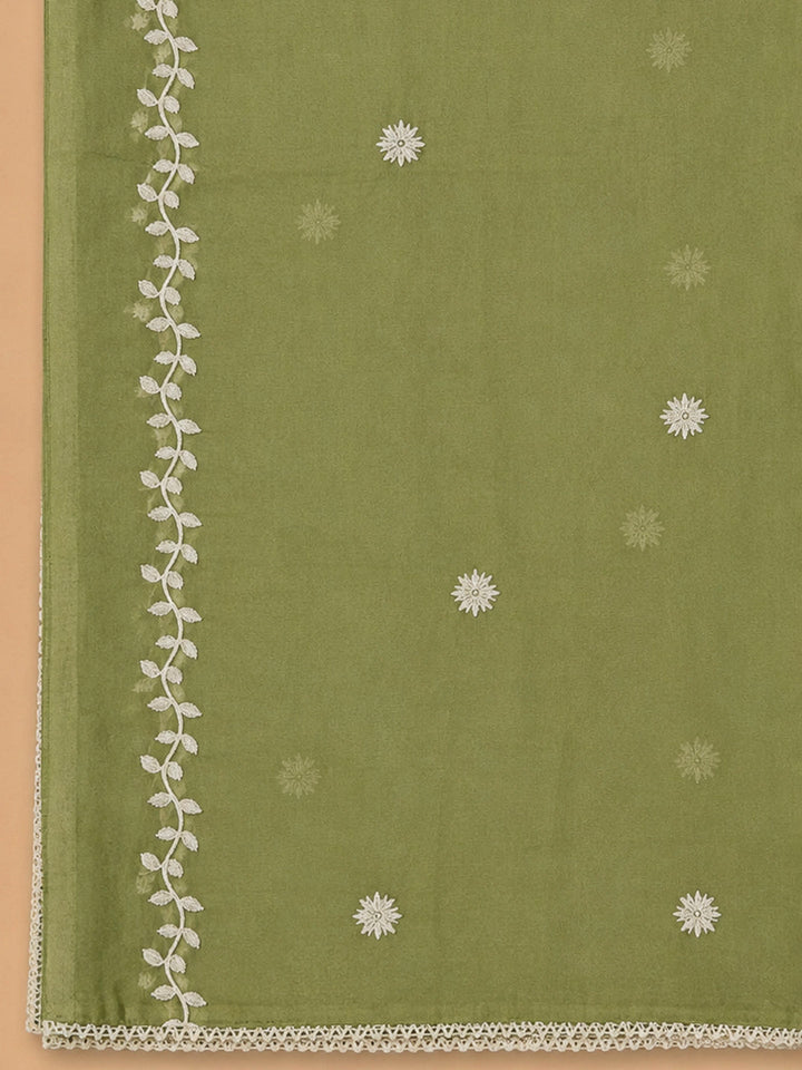 Pista Green Embroidery Chanderi Unstitched Dress Material