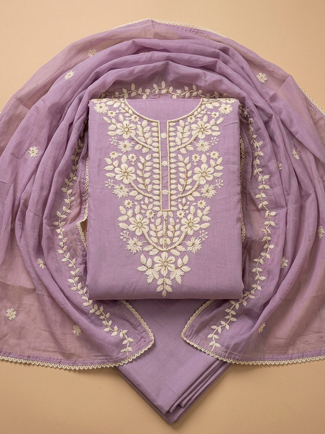 Purple Embroidery Chanderi Unstitched Dress Material