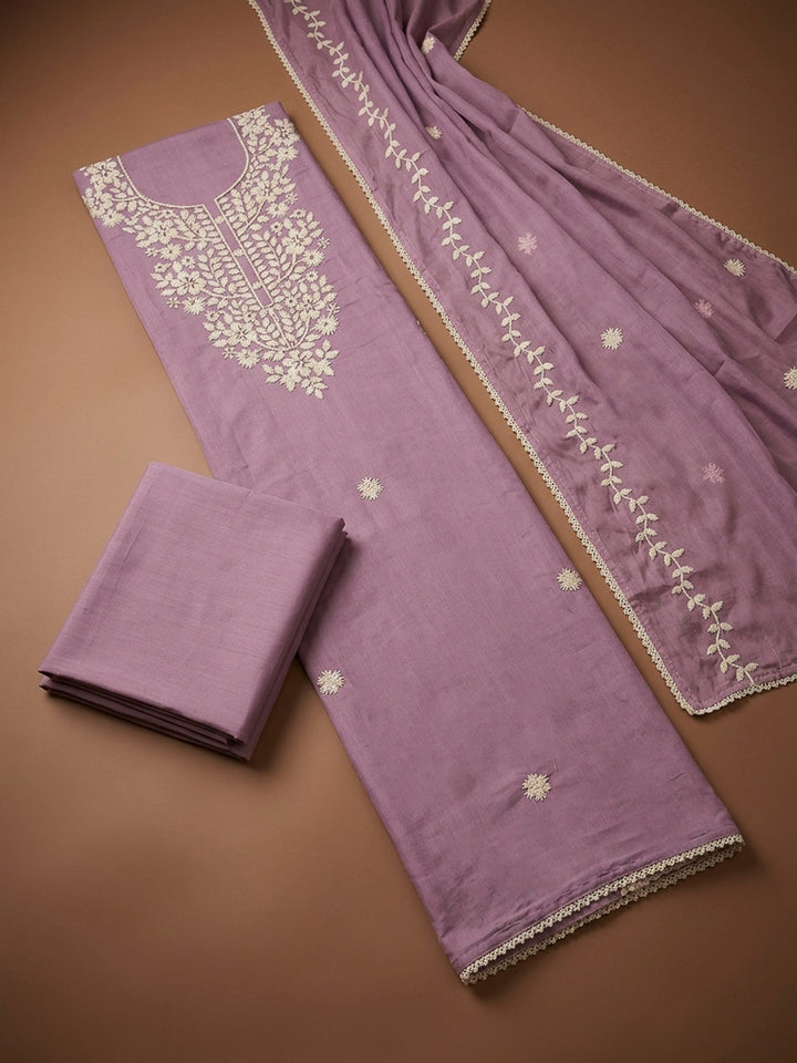 Purple Embroidery Chanderi Unstitched Dress Material
